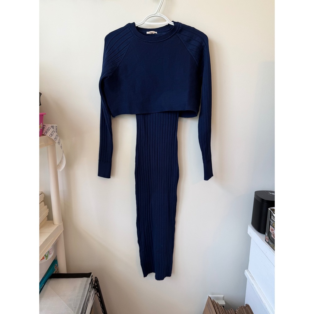 A.Peach Navy Blue Ribbed Knit 2 Piece Crop Sweater and Midi Bodycon Dress Set M